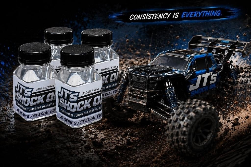 JT's Shock Oil XT Series bottles with RC truck — Consistency Is Everything